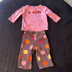 Gymboree 2 Piece Outfit. Pink long sleeve shirts & brown polka dot leggings.